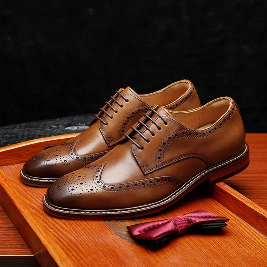 Men’s Genuine Cow Leather Oxford Shoes - Handmade British Vintage Carved Brogue Derby Dress Shoes