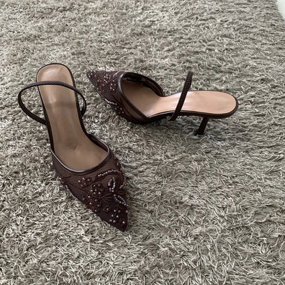 2026 Beaded Mesh Slingback Heels - Women's Pointed Toe Luxury Summer High Heel Sandals