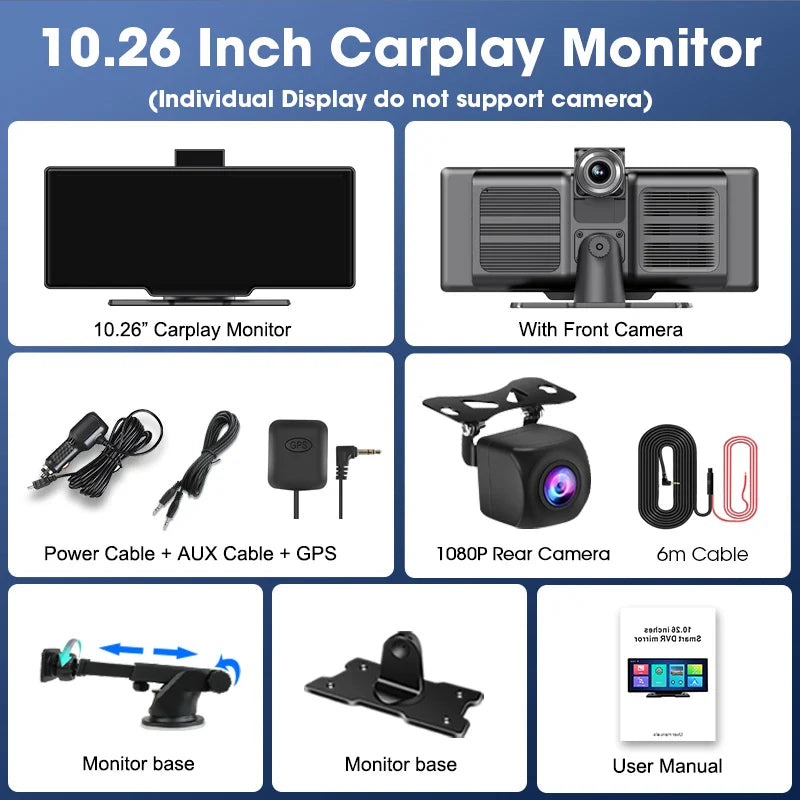 10.26" 4K Dash Cam Car Mirror — Wireless CarPlay Android Auto GPS Multimedia Rearview Camera Dashboard Monitor