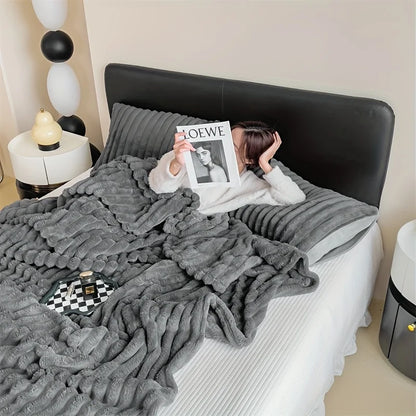 Simplicity Solid Color Flannel Blanket – Thick Wide Stripe Multifunctional Warm Blanket for Autumn & Winter