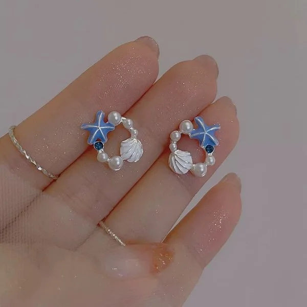Ocean Style Asymmetric Earrings - Starfish Shell Pearl Zircon Stud Jewelry Gift for Women