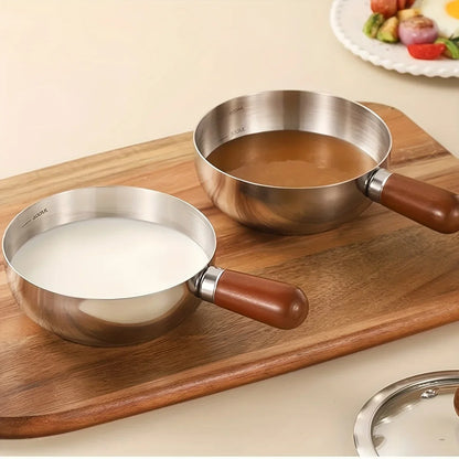 Stainless Steel Milk Pot - Heat-Resistant Wooden Handle, Non-Slip Base & Induction Compatible Design