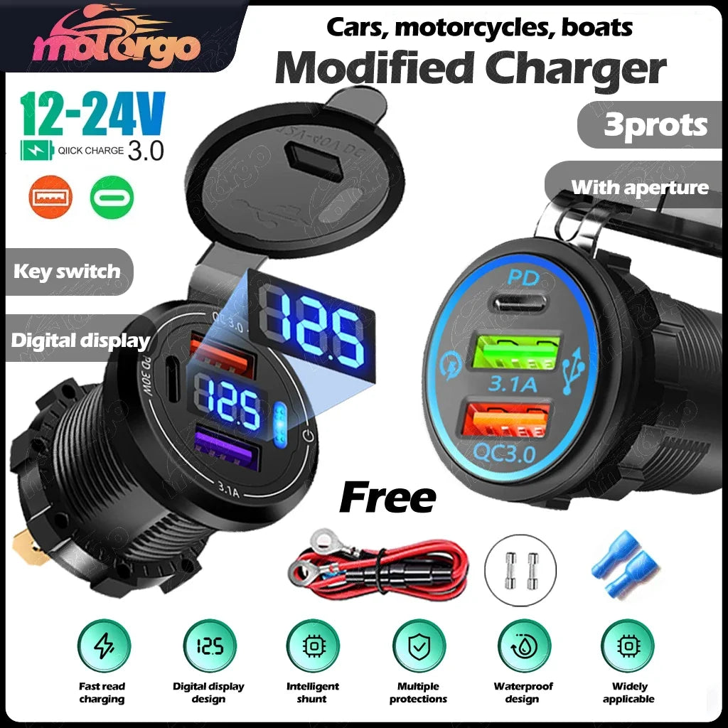 USB Car Charger 12/24V - Dual Socket PD3.0 & QC3.0 Fast Charging Station with LED Voltmeter Switch
