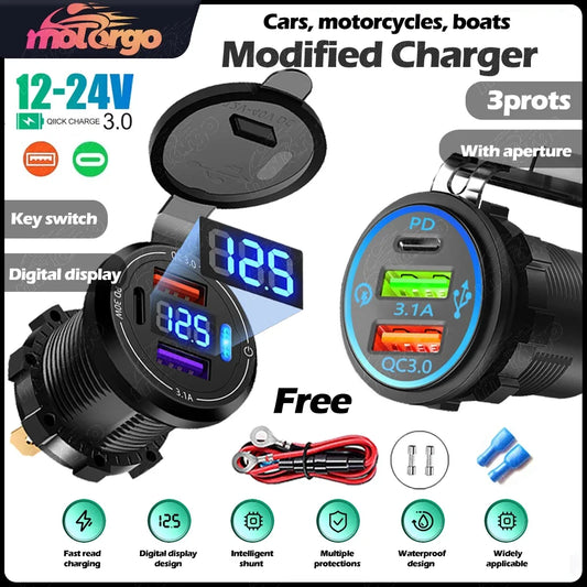 USB Car Charger 12/24V - Dual Socket PD3.0 & QC3.0 Fast Charging Station with LED Voltmeter Switch