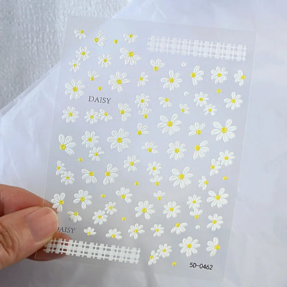 5D Daisy Nail Art Stickers - White Flower & Green Leaf Embossed Decals for DIY Spring Summer Nail Decoration