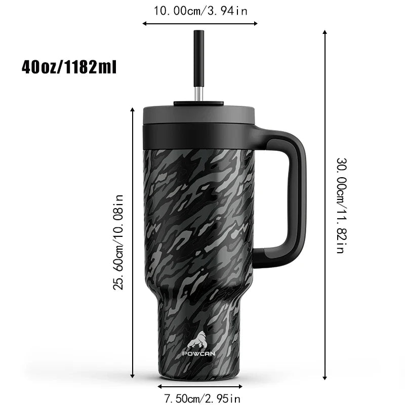 Powcan 40oz Stainless Steel Tumbler with Handle & Straw – Camouflage Prints, Leak-Proof Vacuum Travel Mug for Outdoors