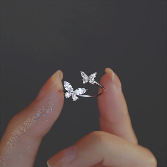 Acrylic Crystal Butterfly Ring - Adjustable Silver-Tone Zircon Fashion Ring for Women, K-Pop Party Jewelry