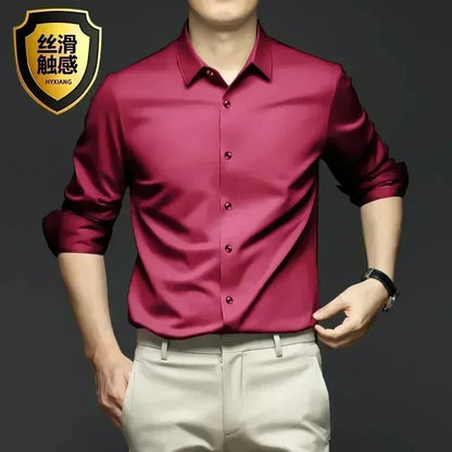 Men’s Luxury White Dress Shirt - Wrinkle-Resistant Ice Silk Glossy Long Sleeve Business Casual Shirt S-6XL