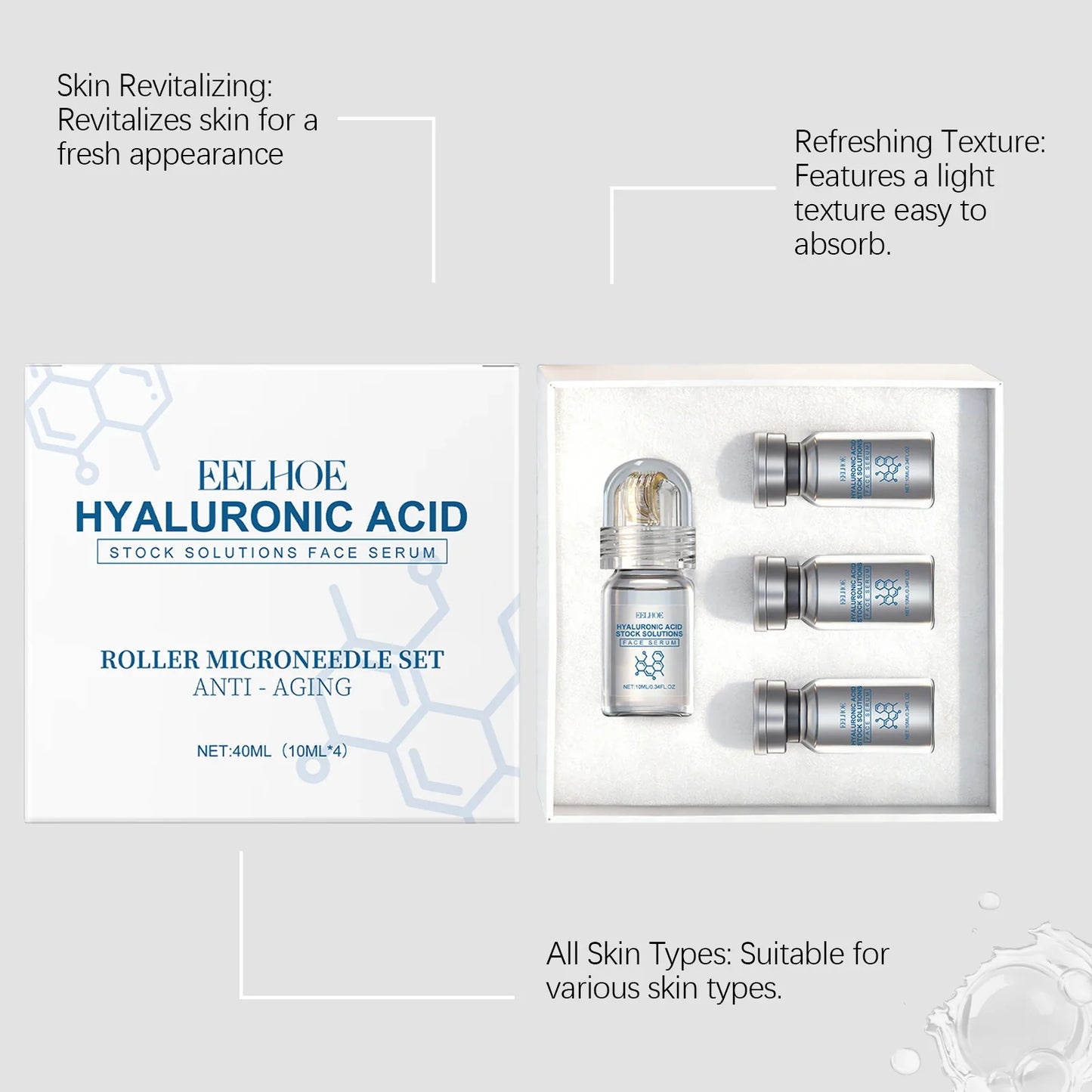 Hyaluronic Acid Face Serum Set - Moisturizing Anti-Wrinkle Facial Treatment with Roller Microneedle Tool
