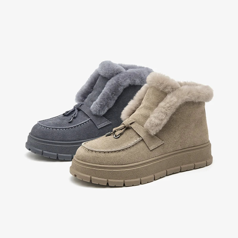 BEAUTODAY Women’s Winter Snow Boots - Cow Suede Platform Boots with Warm Fur, Round Toe & Handmade Sewing Design
