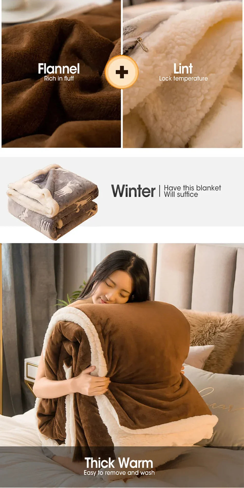 Wool Throw Blanket – Double-Sided Warm Winter Bedspread for Queen Beds & Camping