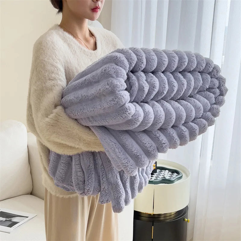 Simplicity Solid Color Flannel Blanket – Thick Wide Stripe Multifunctional Warm Blanket for Autumn & Winter