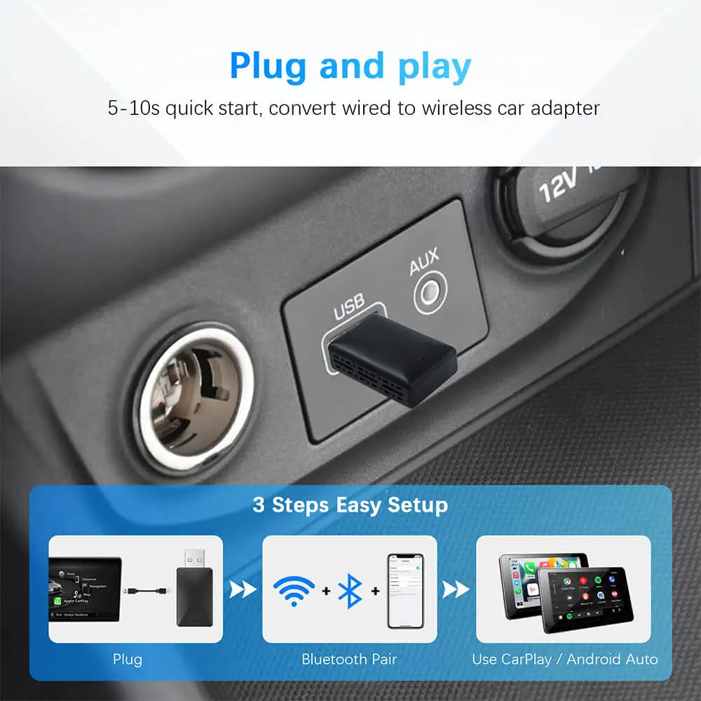 2024 Mini Apple CarPlay Wireless Adapter – Bluetooth and WiFi Dongle for Fast, Plug and Play Connection in OEM Wired CarPlay Vehicles