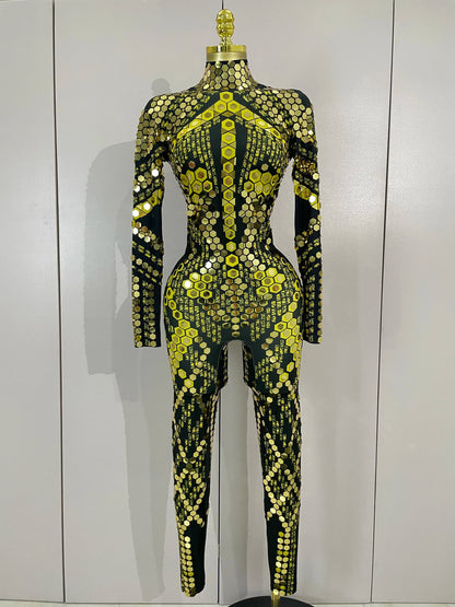 Sexy Shiny Silver Sequin & Black Spandex Jumpsuit — 2025 Women’s Prom, Dancer & Stage Performance Costume