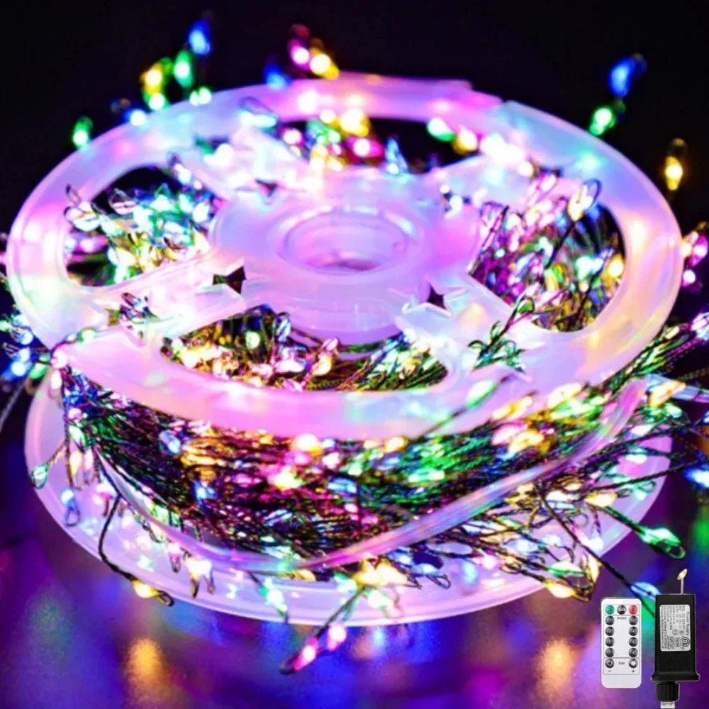 Outdoor Remote Control Copper Wire Lights — Starry Sky & Flower Wreath Decorative String Lights for Christmas & Holidays
