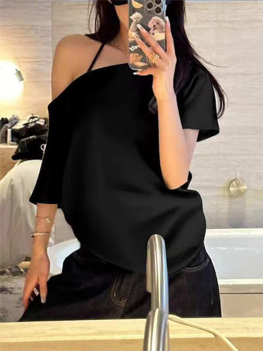 Off Shoulder Solid T-Shirt for Women - Casual Loose Summer Street Style Top