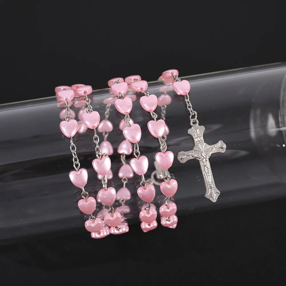 Pink & White Heart Rosary Necklace – Virgin Mary Cross Pendant Beaded Chain Religious Prayer Jewelry Gift for Men & Women