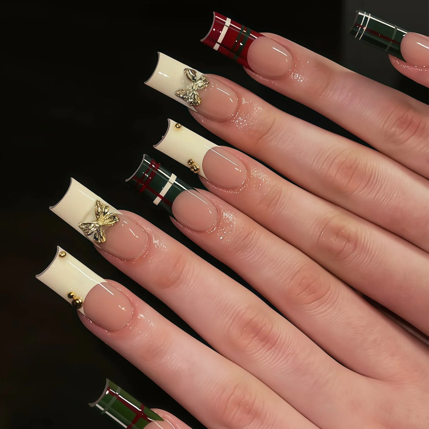 24PCS Y2K Sweet Stars Press-On Nails - Blue Brown Striped French Style Autumn Vintage Wave Point Fake Nail Set