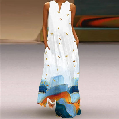 Vintage Boho Maxi Dress - Women's Summer V Neck Sleeveless Long Sundress with Pockets