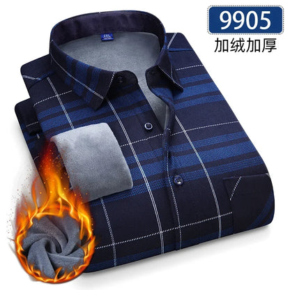 Men’s Fleece Plaid Shirt - Warm Thick Long Sleeve Business Check Shirt with Single Pocket for Autumn & Winter