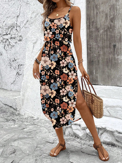 Women’s Summer Spaghetti Strap Dress - Sleeveless Flowy Casual Maxi Dress with Belt & Side Slit