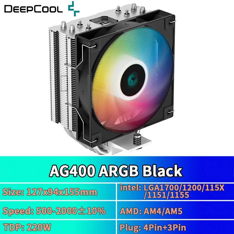 DEEPCOOL AG400 ARGB CPU Air Cooler — 4 Heat Pipe PWM Cooler for Intel LGA1700/1200/115X/1151/1155 & AMD AM4/AM5