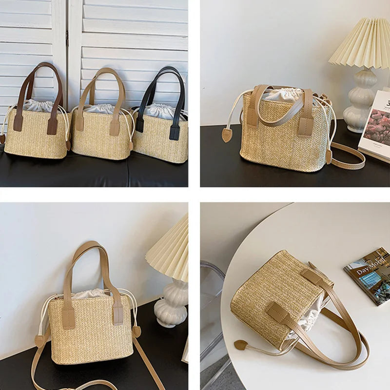 Fashion Straw Bucket Crossbody Bag – Women’s Summer Beach & Travel Shoulder Handbag