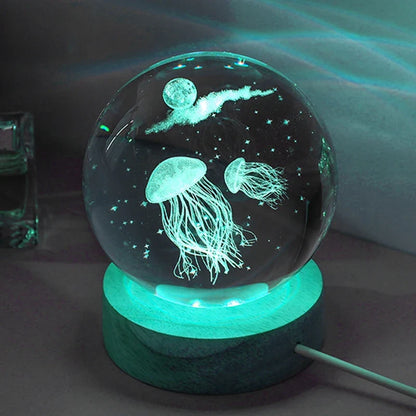 3D Laser Engraved Jellyfish Crystal Ball LED Night Light - Unique Birthday, Christmas & Gift Decor