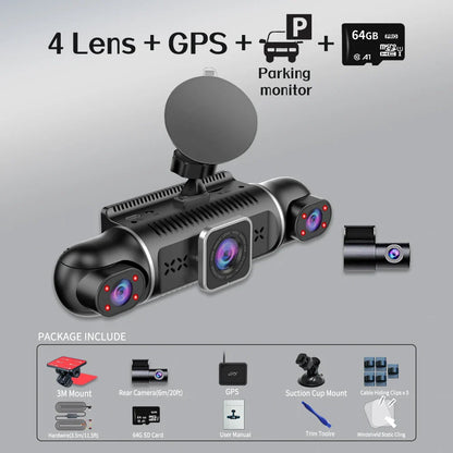 Free 64GB 360° Car DVR Dash Cam – WiFi, GPS, 24H Parking Monitor, 4 Lens HD 1080P Video Recorder with App Control