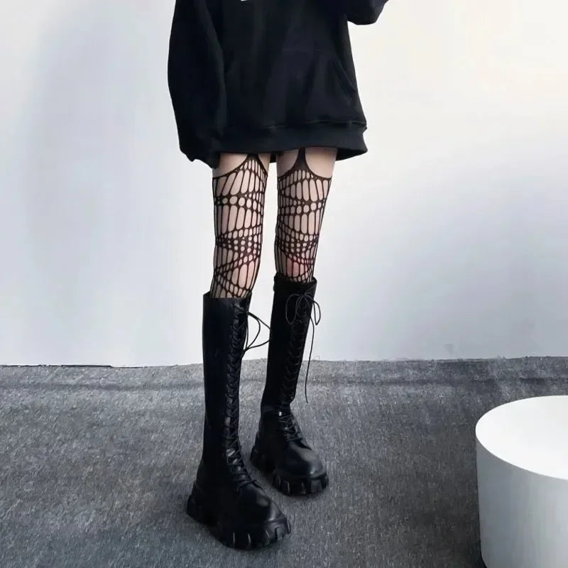 Lolita Gothic Fishnet Stockings - Black Sheer Over Knee Tights for Women