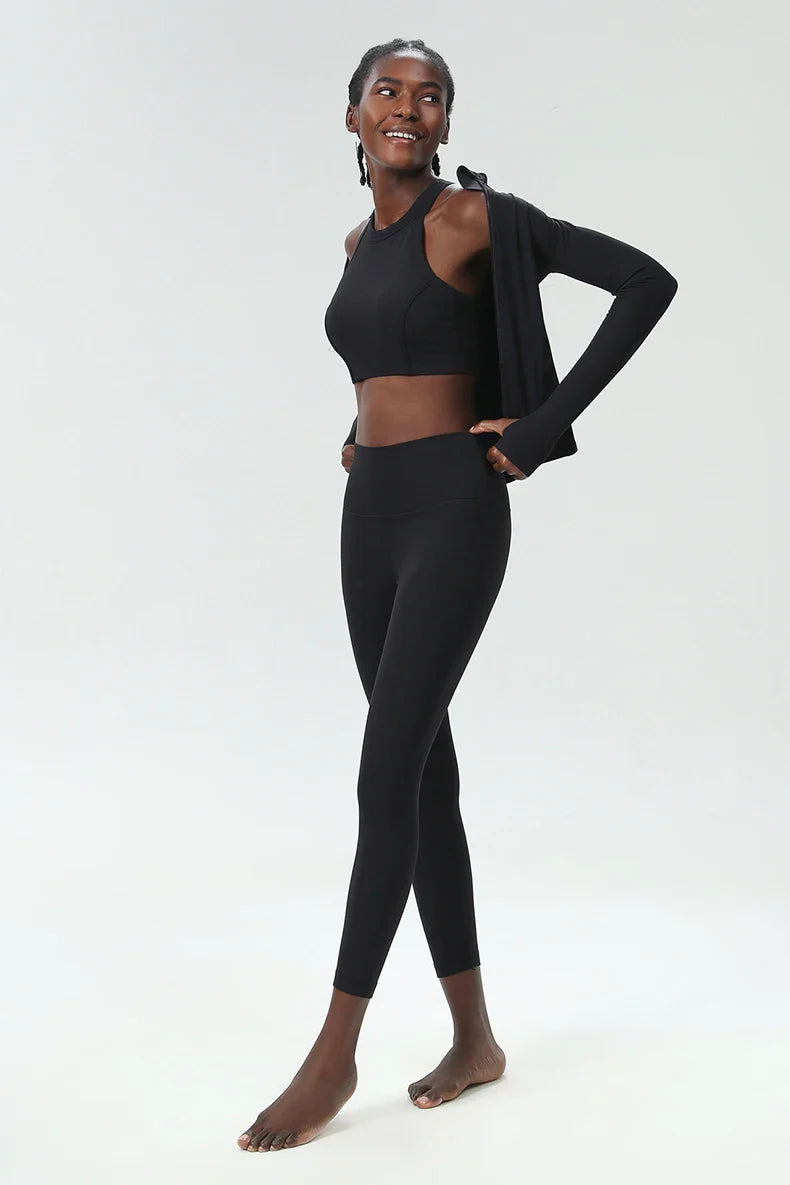 3PCS Women’s Fitness Yoga Set – Solid Color Ribbed Long Sleeve Top & High Waist Leggings, Breathable Workout Sportswear