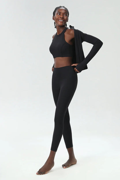 3PCS Women’s Fitness Yoga Set – Solid Color Ribbed Long Sleeve Top & High Waist Leggings, Breathable Workout Sportswear