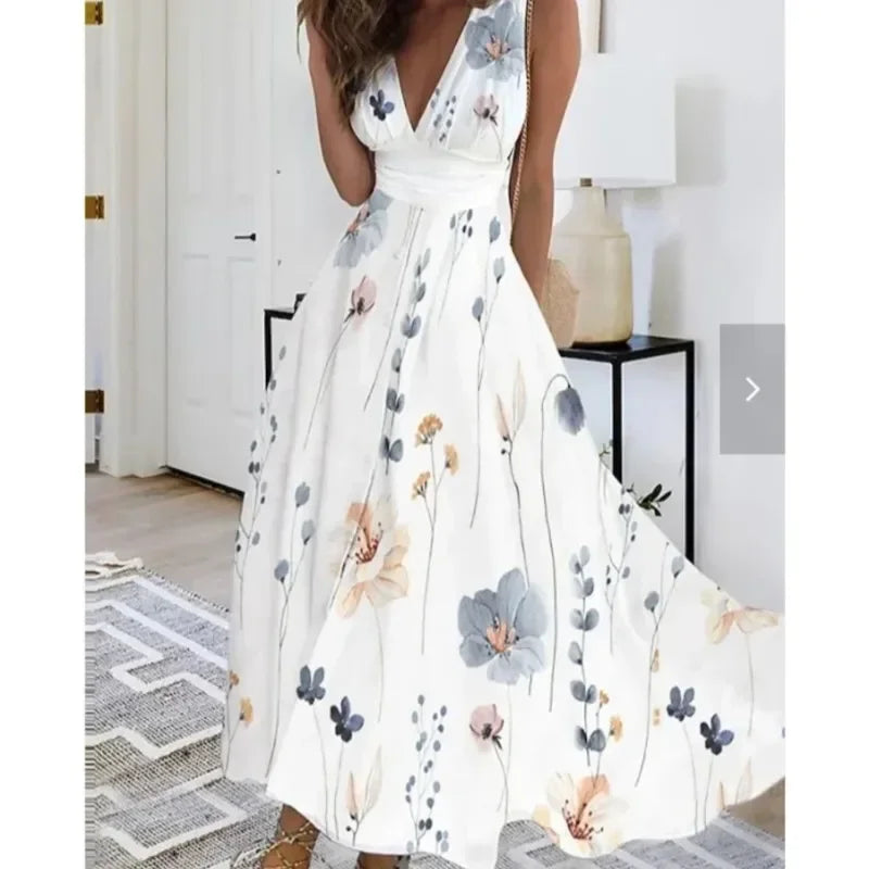 Women's Summer V Neck Maxi Dress - Sleeveless High Waist Elegant Print Dress for Office & Holiday Wear