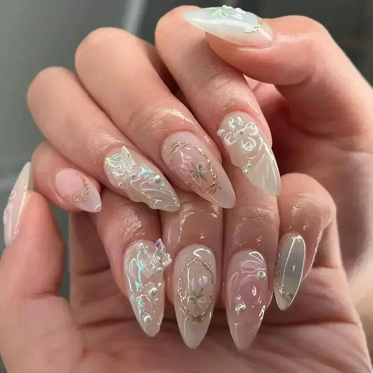 24PCS Pink Almond Press On Nails - Butterfly Ballet French Design Artificial Nail Tips for Stylish Nail Art