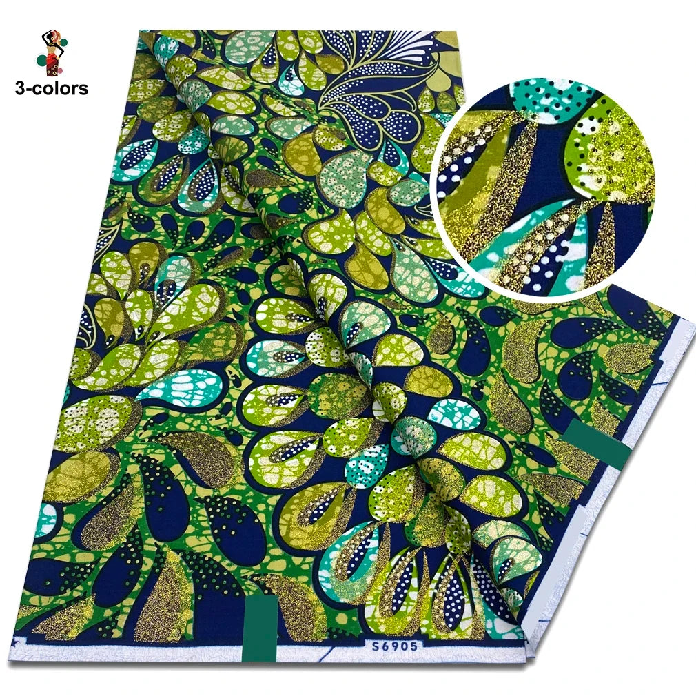 African Glitter Glam Wax Fabric - 100% Cotton Golden Ankara Print 6 Yards