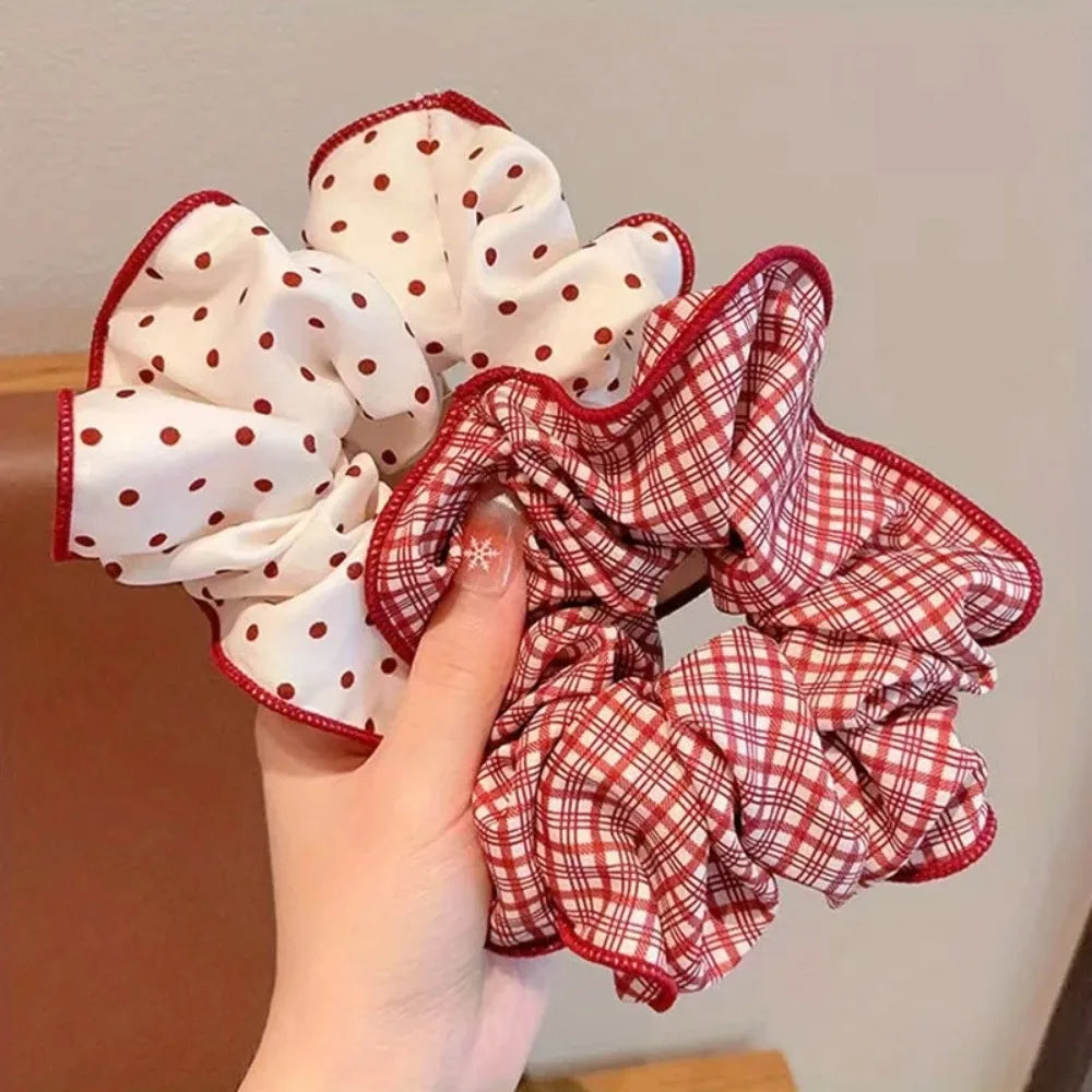 Red Dot Plaid Scrunchies - 2/3pcs Soft Elastic Hair Ties for Women & Girls, Cute Fashion Hair Accessories