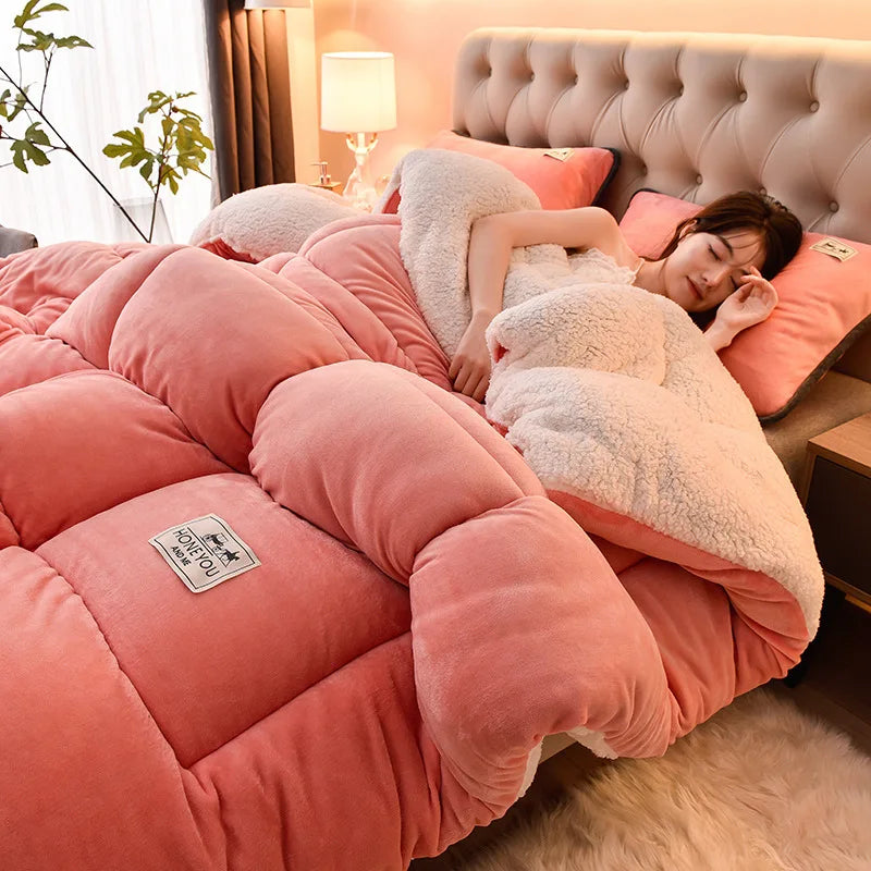 Plush Winter Lamb Velvet Quilt – Thickened Cotton, Double-Sided Warm Lamb Wool Blanket for Single & Double Beds