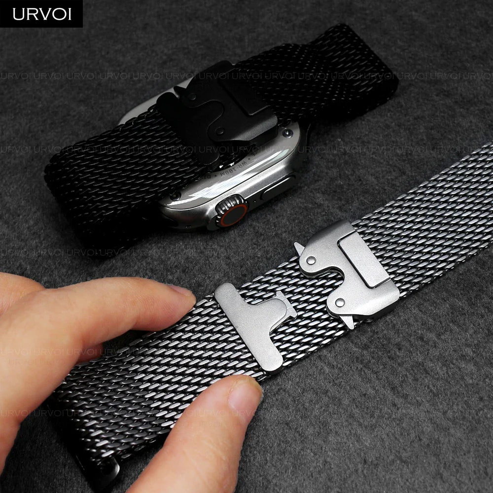 URVOI Stainless Steel Mesh Band for Apple Watch Ultra 2/1, Series 10/9 – 316L Secure Parachute Buckle, 46/49mm