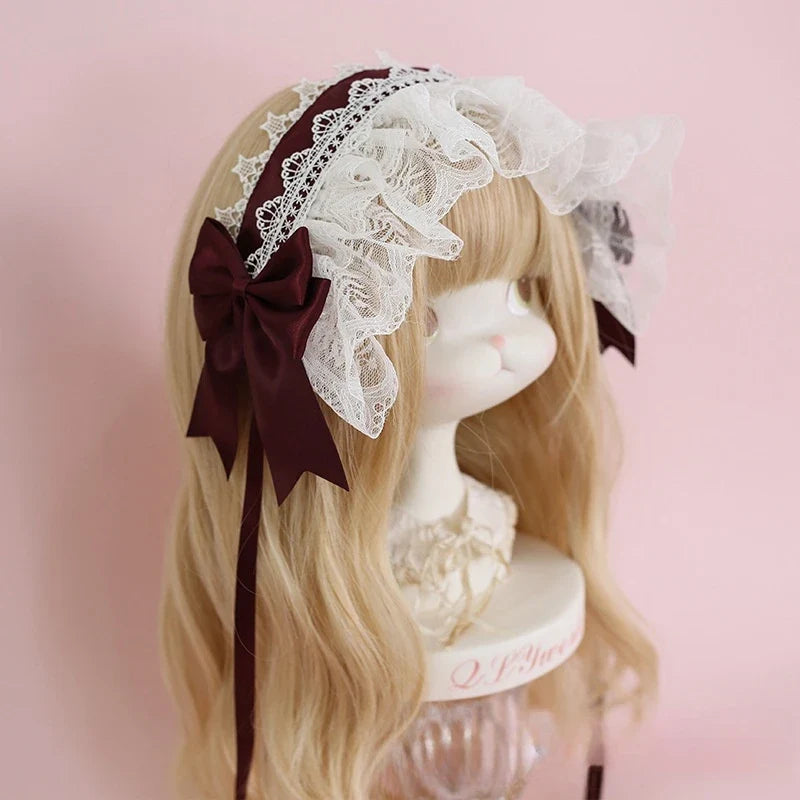 Lolita Lace Headband with Ribbon Bow - Sweet Dark Hair Accessory