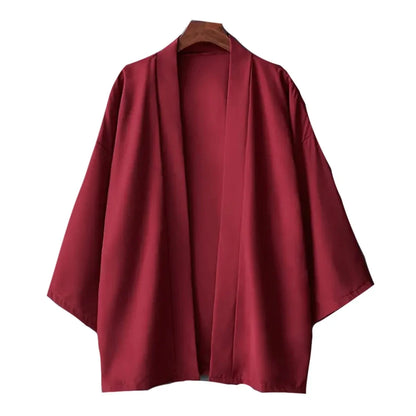 Men’s Casual Open Stitch Shirt - Lightweight Black Yukata Cardigan with 3/4 Sleeves for Summer Vacation