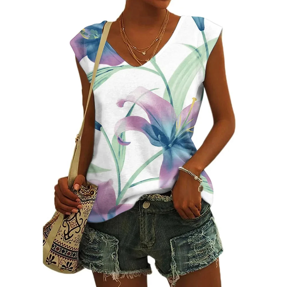 Women’s Floral Print T-Shirt - V Neck Cap Sleeve Loose Fit Summer Beach Top with Breathable Casual Style