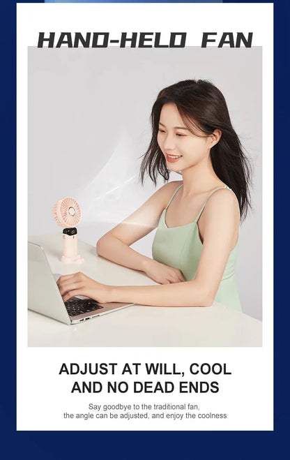 5000mAh Handheld Mini Fan – Wireless USB Rechargeable Portable Fan with Digital Display, Phone Holder, 5-Speed Foldable Neck Hanging Fan