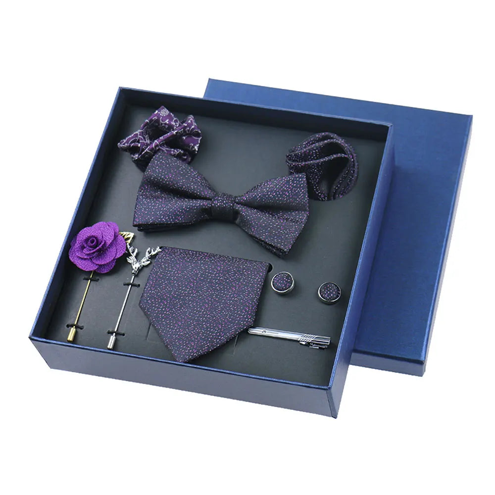 Men’s Luxury Silk Tie Set - 8cm Wedding Necktie with Bowtie, Pocket Square, Cufflinks & Floral Gift Box Accessories
