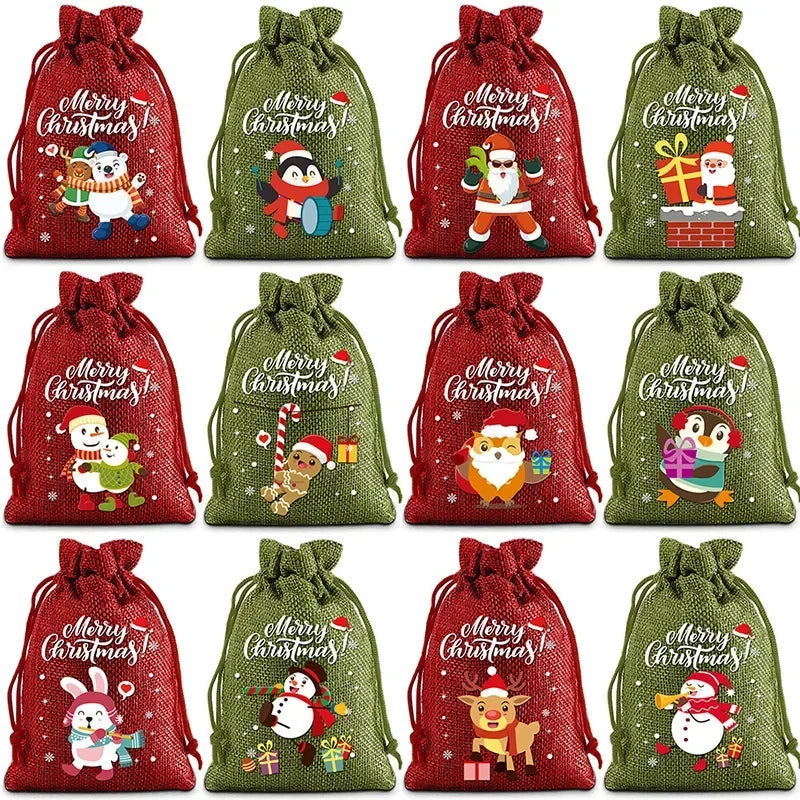 2025 Christmas Burlap Drawstring Gift Bag - Santa Candy Pouch for Holiday Present Packaging, Halloween & New Year Decor
