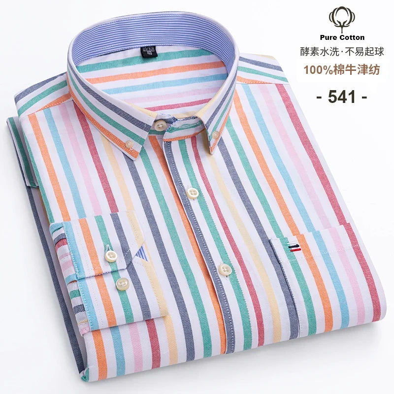 Men's 100% Cotton Oxford Plaid Shirt - Soft Regular Fit Long Sleeve Formal Dress Shirt with Pocket S-7XL
