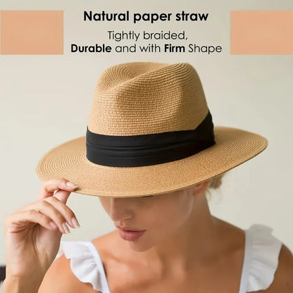 Unisex Straw Fedora Hat - Summer Beach Ribbon Jazz Style Sun Hat for Men & Women