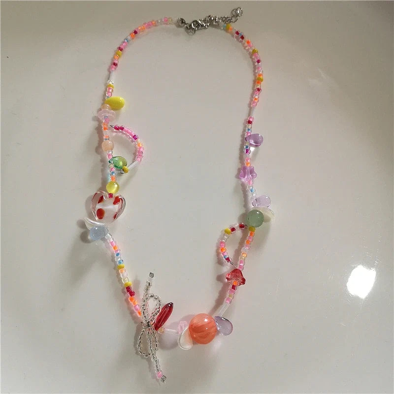 Y2K Strawberry Charm Choker Necklace - Ceramic Dog Pendant Acrylic Beaded Colorful Bow Aesthetic Jewelry for Women