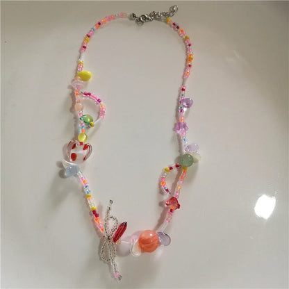 Y2K Strawberry Charm Choker Necklace - Ceramic Dog Pendant Acrylic Beaded Colorful Bow Aesthetic Jewelry for Women