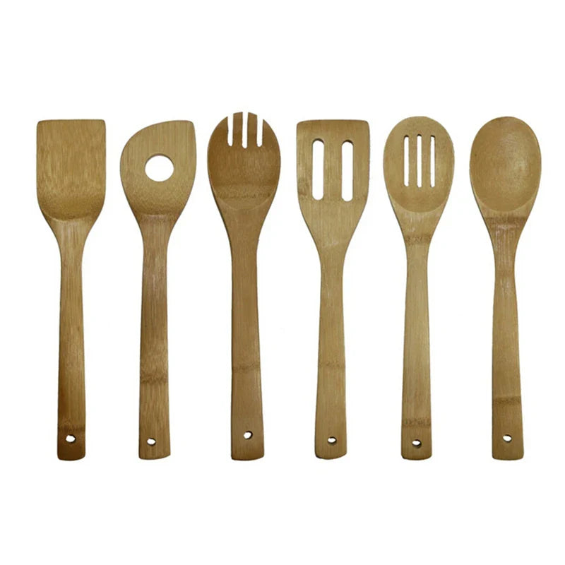 6PCS Bamboo Cooking Utensil Set – Wooden Spoons & Spatulas for Kitchen Mixing & Cooking