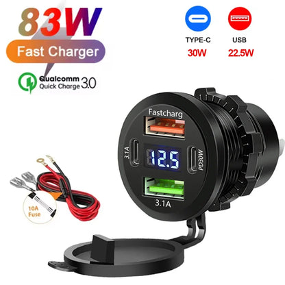 117W Dual USB Car Charger - PD & QC3.0 Fast Charging Adapter with Voltmeter Waterproof Socket for 12V/24V Vehicles